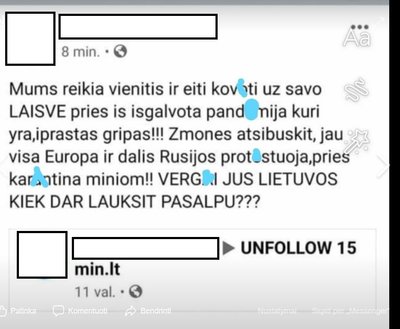 Socialiniame tinkle pasirodžiusios protestus su karantino reikalavimais ir koronavirusu siejančios žinutės