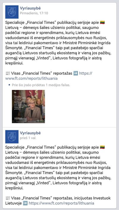 Vyriausybė papildė įrašą feisbuke