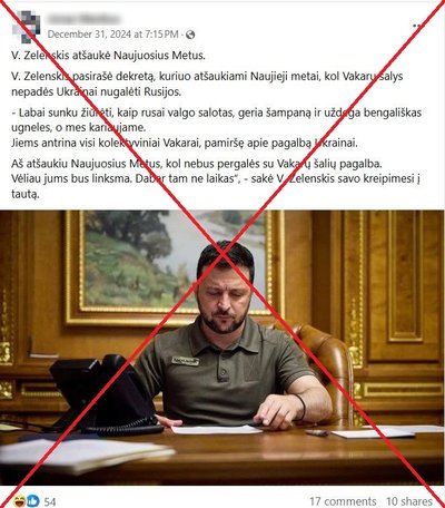 Socialiniuose tinkluose išplito melagiena, kad Zelenskis atšaukė Naujuosius metus