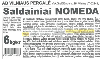 Saldainis "Nomeda", gaminio informacija