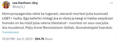 Žinutėje rašoma: „Dėl stiprios gėjų propagandos ketvirtadalis jaunų žmonių jau yra LGBT+“