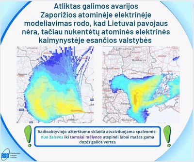 Radioaktyviojo užterštumo sklaida atvaizduojama spalvomis: nuo žalsvos iki tamsiai mėlynos atspindi labai mažas gama dozės galios vertes