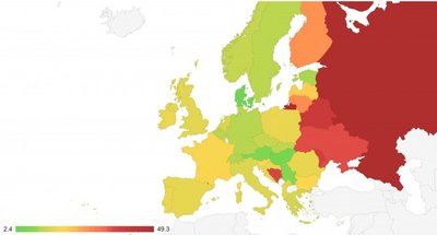 Europos plagijavimo tendencijų žemėlapis pagal dokumentų tikrinimo vietą (Plag.lt nuotr.)