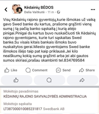 Šis savivaldybės buhalterės įrašas socialiniuose tinkluose sukėlė abejonių žmonėms, tad dėl jo buvo kreiptasi į policiją. (Socialinio tinklo facebook.com nuotr.)