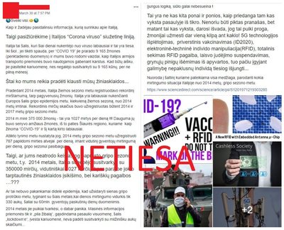 Grupėje „5G - Faktai ir Žinios“ paskelbta melaginga informacija