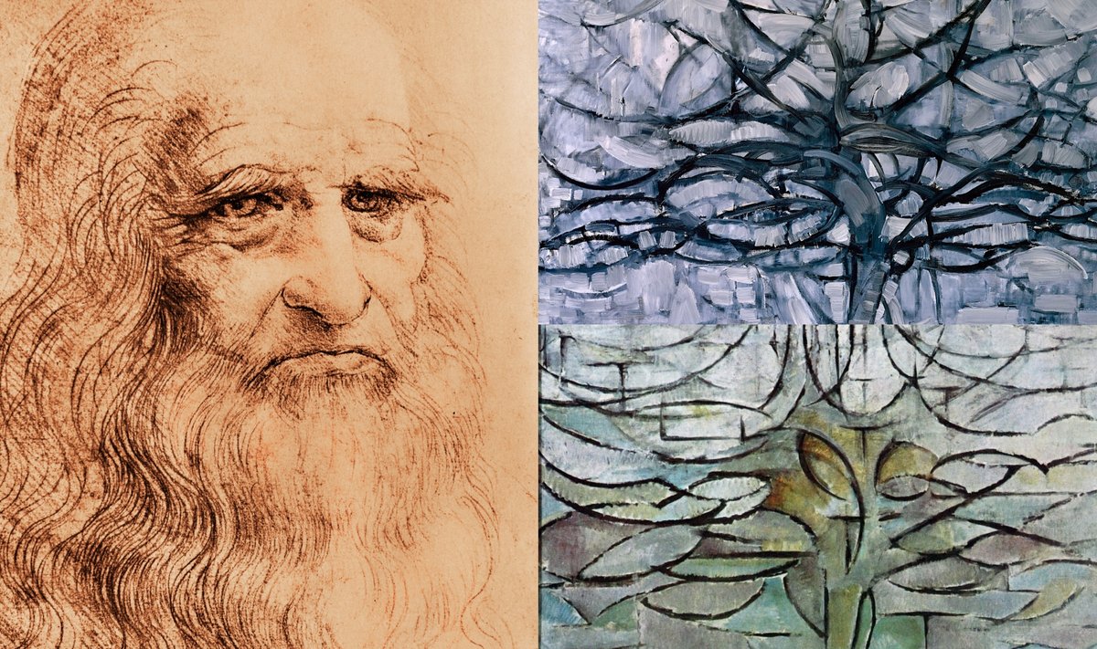 Leonardo da Vinci. Pietas Mondrianas nutapė medį paveiksluose „Pilkasis medis“ (viršuje) ir „Žydinti obelis“ (apačioje). Paveiksle „Pilkasis medis“ žiūrovai gali lengvai pastebėti medį, kurio šakų skersmens mastelio eksponentė yra 2,8. „Žydinčiame obelų medyje“ visi teptuko potėpiai yra maždaug vienodo storio, tačiau galima įžiūrėti ir žuvis, vandenį ar kitus su medžiu nesusijusius objektus.