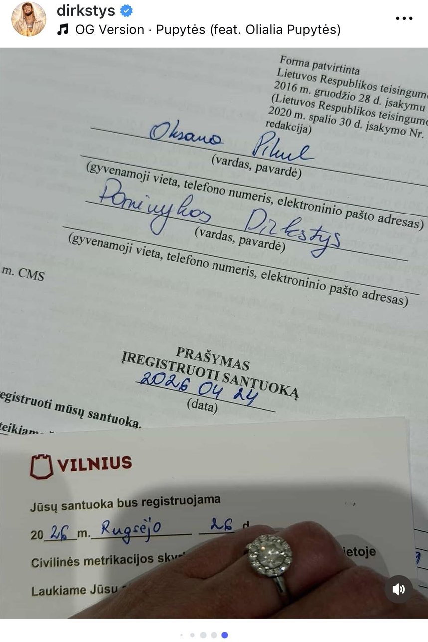 Dominykas Dirkstys ir Oksana Pikul paskelbė vestuvių detales