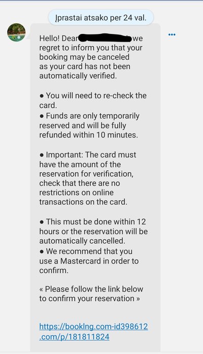 Sukčių žinutė „Booking“ platformoje. 