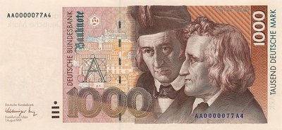 1000 Vakarų Vokietijos markės banknotas, vaizduojantis brolius Grimus. 1991m. 