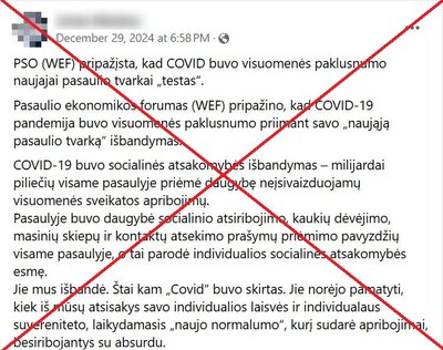 Melagingas pranešimas, kad PEF COVID-19 pandemiją pripažino buvus visuomenės paklusnumo priimant „naująją pasaulio tvarką“ išbandymu