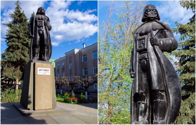 Odesoje, Ukrainoje, stovintis paminklas „Žvaigždžių karų“ veikėjui Dartui Veideriui, pagamintas iš seno Leninui skirto monumento
