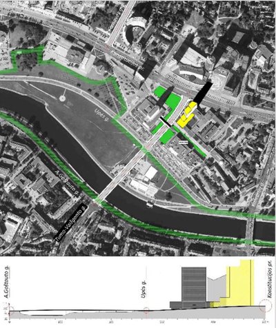 13 pav. Centro gatvių jungtis ir galima aukšybinio pastato vieta (autoriaus brėž.)