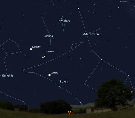 5 pav. Veneros, Jupiterio ir Mėnulio susitikimas, vasario 26 d., 20 val.,  „Stellarium“ nuotr.