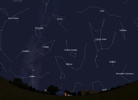 4 pav. Šiaurinės dangaus pusės žvaigždynai, vasario 15 d., 20 val.,  „Stellarium“ nuotr.