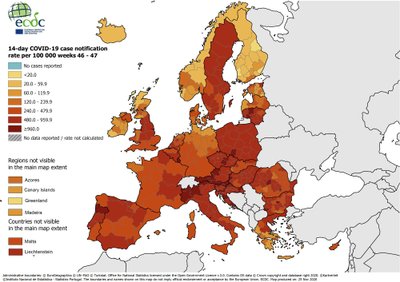 46–47 savaičių sergamumo koronavirusu duomenys Europoje