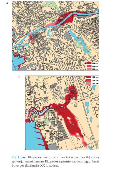 Klaipėdos miesto centrinės (a) ir pietinės (b) daliesteritorija, esanti žemiau Klaipėdos sąsiaurio vandens lygio, kuris buvo didžiausias per XX a. audras (Klimato kaita: prisitaikymas prie jos poveikio Lietuvos pajūryje)