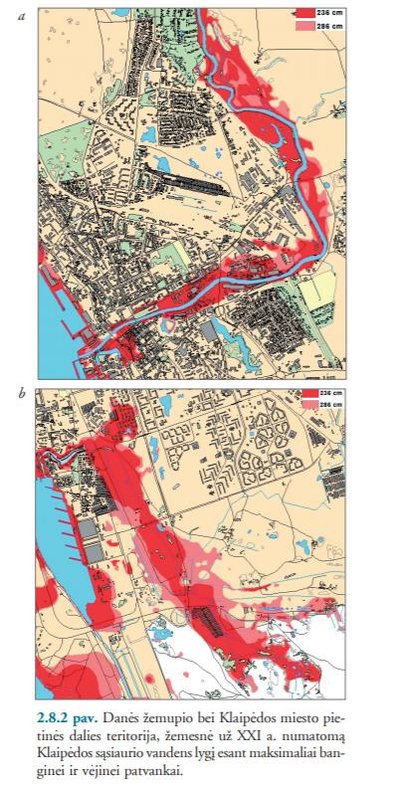 Danės žemupio bei Klaipėdos miesto pietinės dalies teritorija, žemesnė už XXI a. numatomąKlaipėdos sąsiaurio vandens lygį esant maksimaliai banginei ir vėjinei patvankai (Klimato kaita: prisitaikymas prie jos poveikio Lietuvos pajūryje)