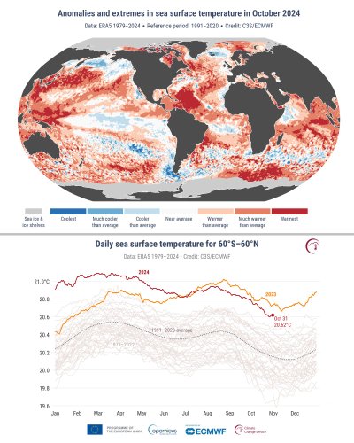 Žemėlapyje: 2024 m. spalio mėn. SST anomalijos (lyginant su 1991–2020 m. vidurkiu). Rausvi atspalviai – šiltesnės, o mėlyni atspalviai – vėsesnės už daugiametę normą vandenyno akvatorijos. Pilka spalva – jūrinis ledas ir šelfiniai ledynai.  Grafike: pasaulinio vandenyno paviršiaus temperatūros kaita skirtingais metais ir laikotarpiais.